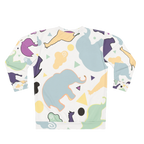Animal Clouds crewneck sweatshirt, elephant and giraffe all-over print, purple sea green yellow, back view.