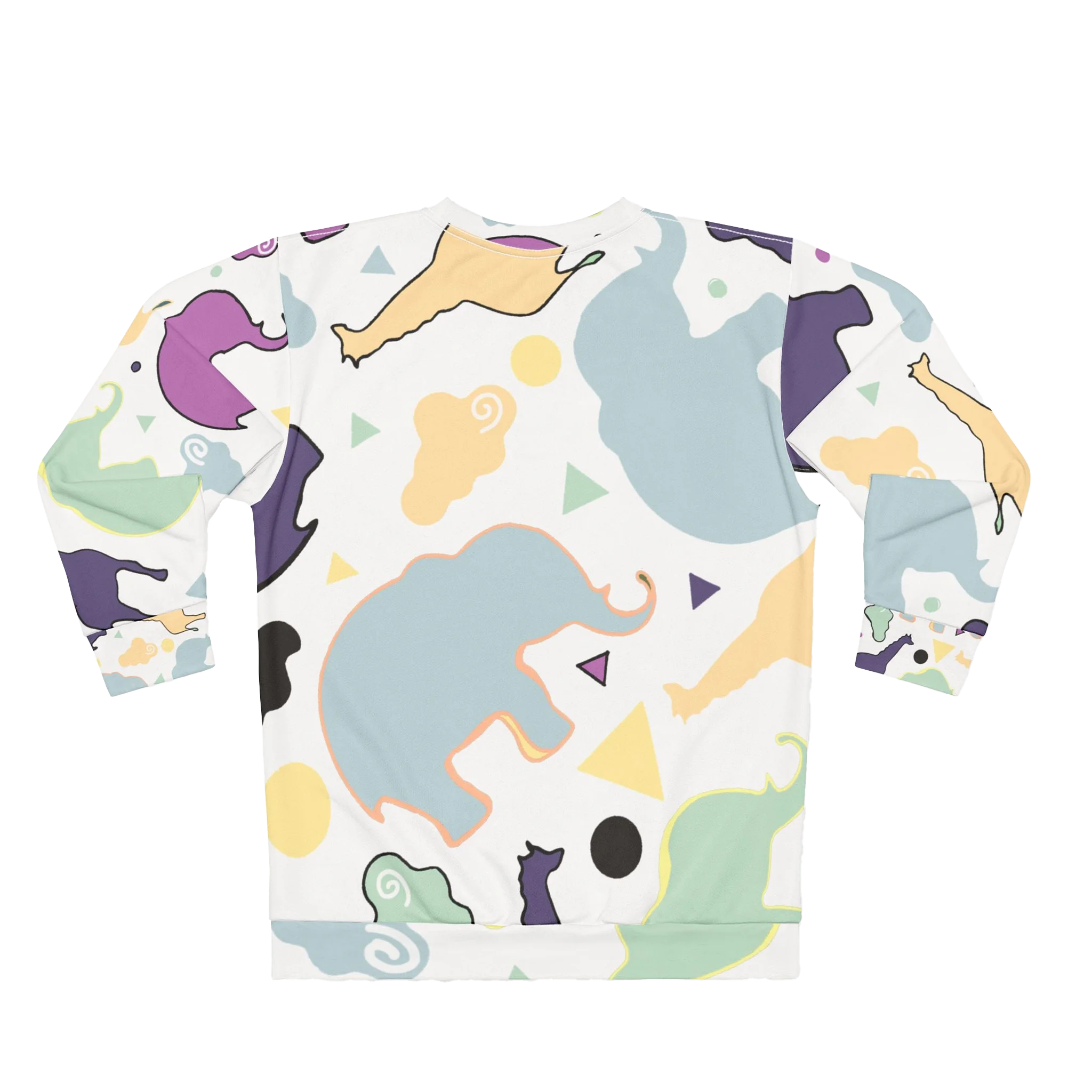 Animal Clouds crewneck sweatshirt, elephant and giraffe all-over print, purple sea green yellow, back view.