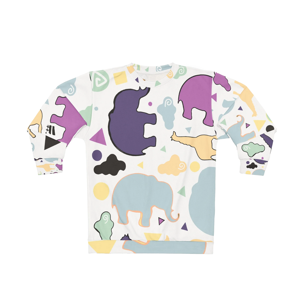 Animal Clouds crewneck sweatshirt, elephant and giraffe all-over print, purple sea green yellow, front view.