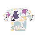 Animal Clouds crewneck sweatshirt, elephant and giraffe all-over print, purple sea green yellow, front view.