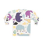 Animal Clouds crewneck sweatshirt, elephant and giraffe all-over print, purple sea green yellow, front view.