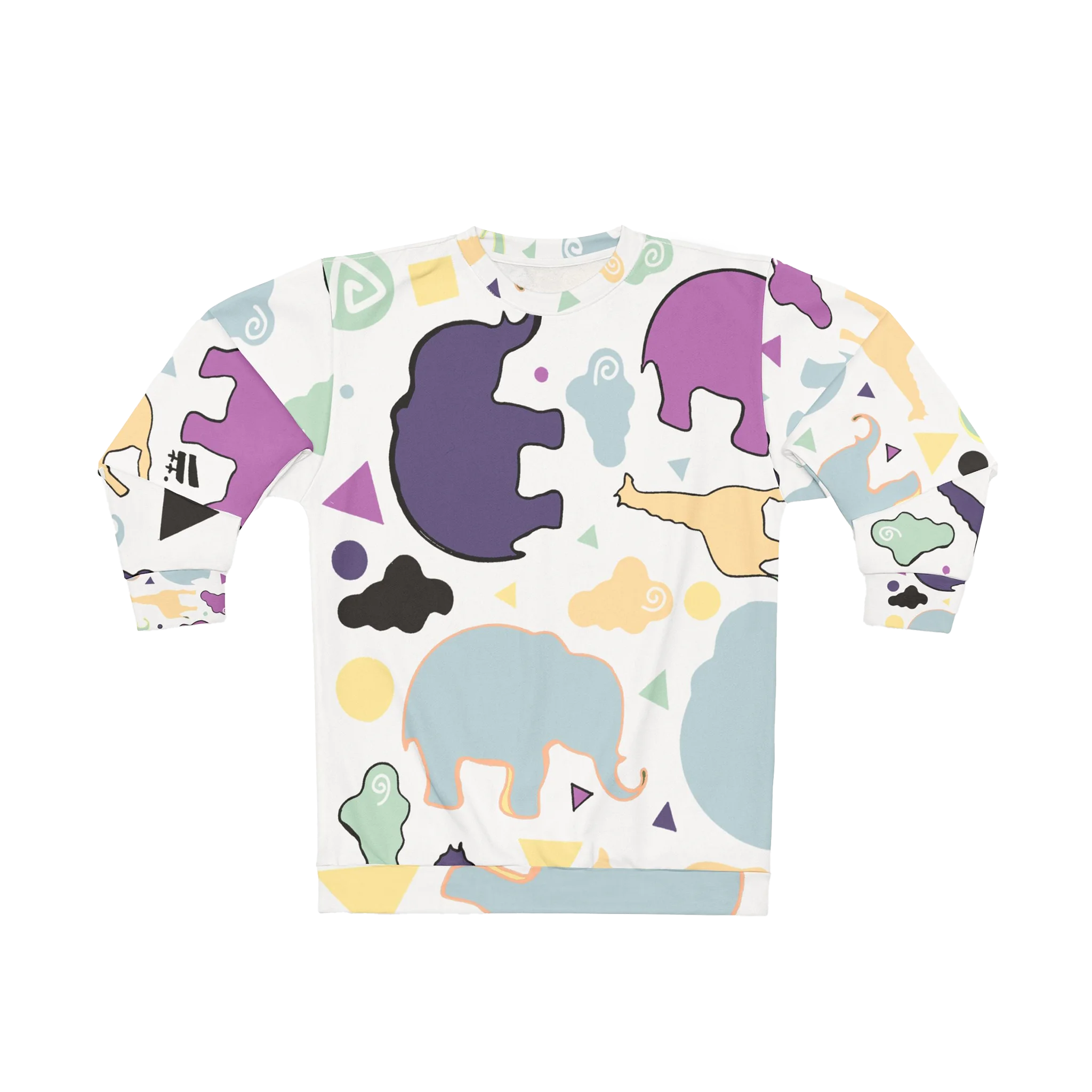 Animal Clouds crewneck sweatshirt, elephant and giraffe all-over print, purple sea green yellow, front view.