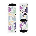 Animal Clouds Cushioned Mid-calf Socks. Featuring vibrant giraffe and elephant cloud prints in playful sea green, purple, and yellow colors with a black toe and heel.