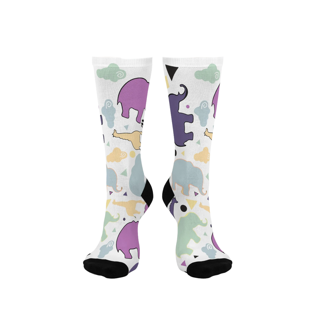 Animal Clouds Cushioned Mid-calf Socks in ghost mannaquin display. Featuring vibrant giraffe and elephant cloud prints in playful sea green, purple, and yellow colors with a black toe and heel.