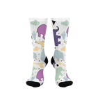 Animal Clouds Cushioned Mid-calf Socks in ghost mannaquin display. Featuring vibrant giraffe and elephant cloud prints in playful sea green, purple, and yellow colors with a black toe and heel.