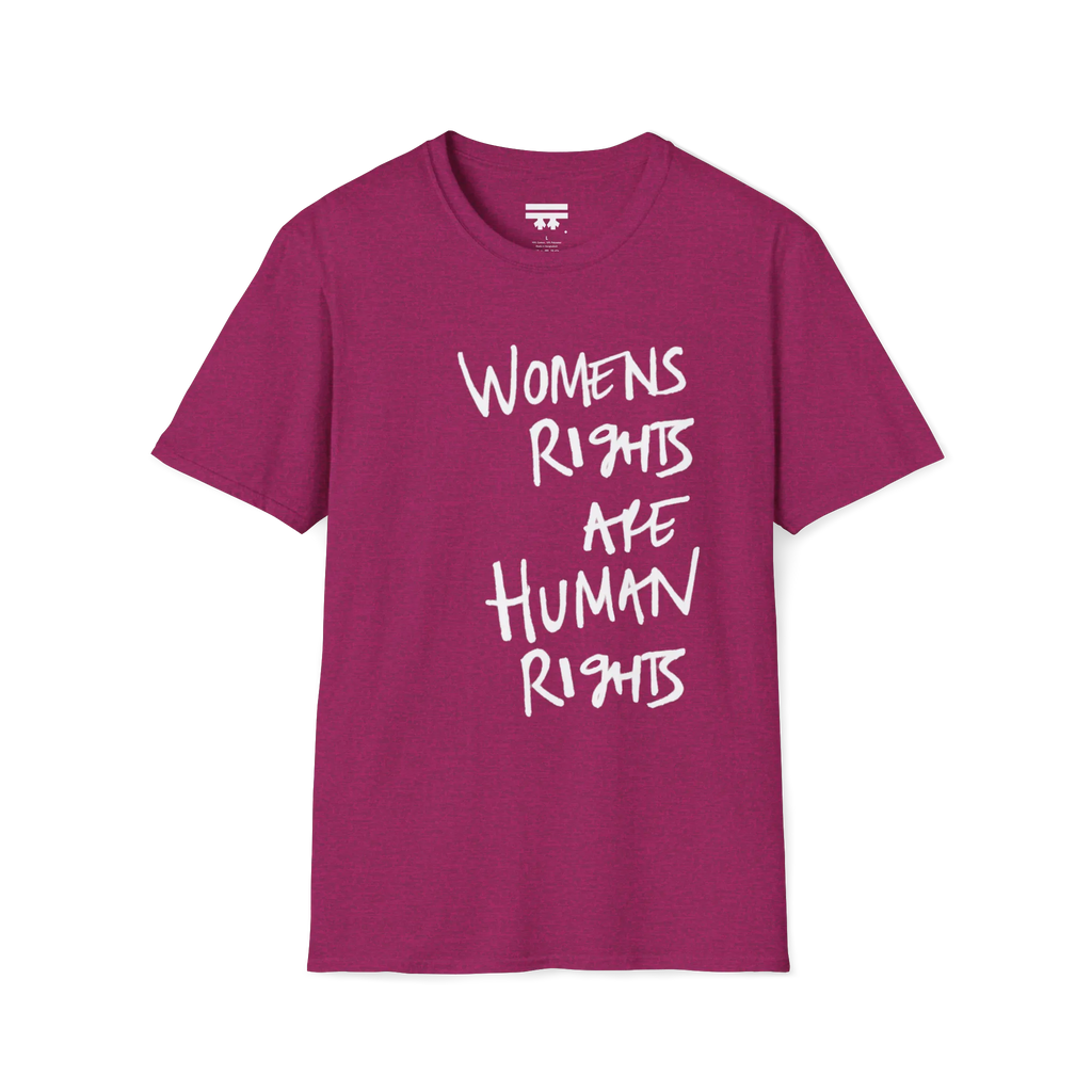 A front view of the antique heather heliconia women's rights are human rights t-shirt.