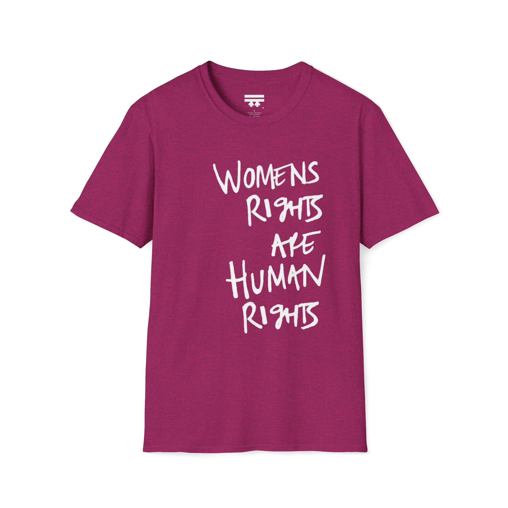 A front view of the antique heather heliconia women's rights are human rights t-shirt.