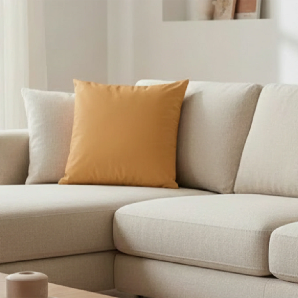 Apple Cider faux suede pillow case styled on a couch in a modern living room.