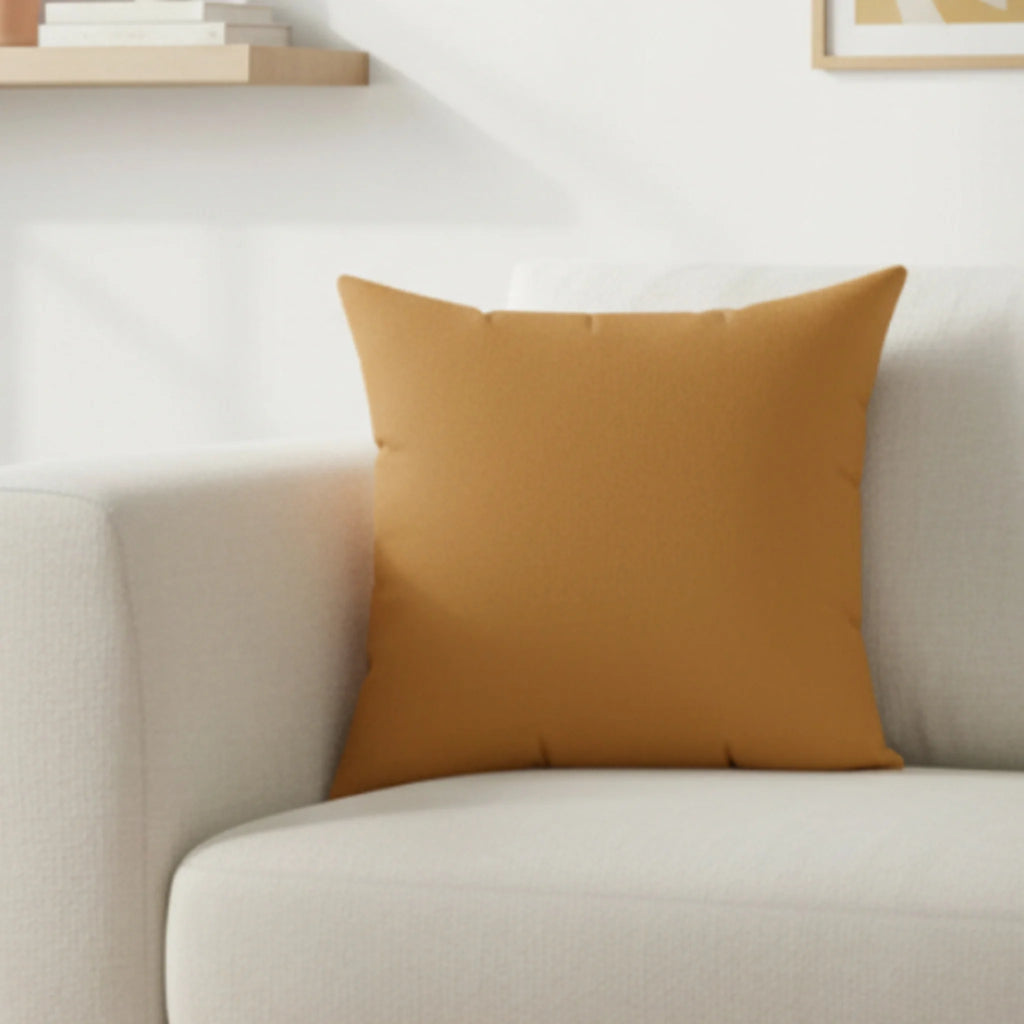 Apple cider faux suede pillow styled on sofa, warm amber autumn home decor.