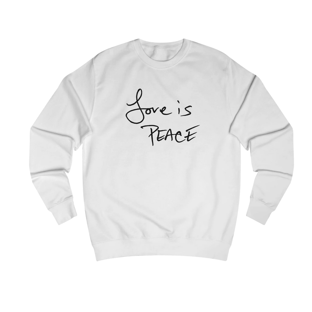 Arctic Love is Peace crewneck sweatshirt, handwritten Love is Peace graphic, crew neck, front view.