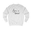 Arctic Love is Peace crewneck sweatshirt, handwritten Love is Peace graphic, crew neck, front view.
