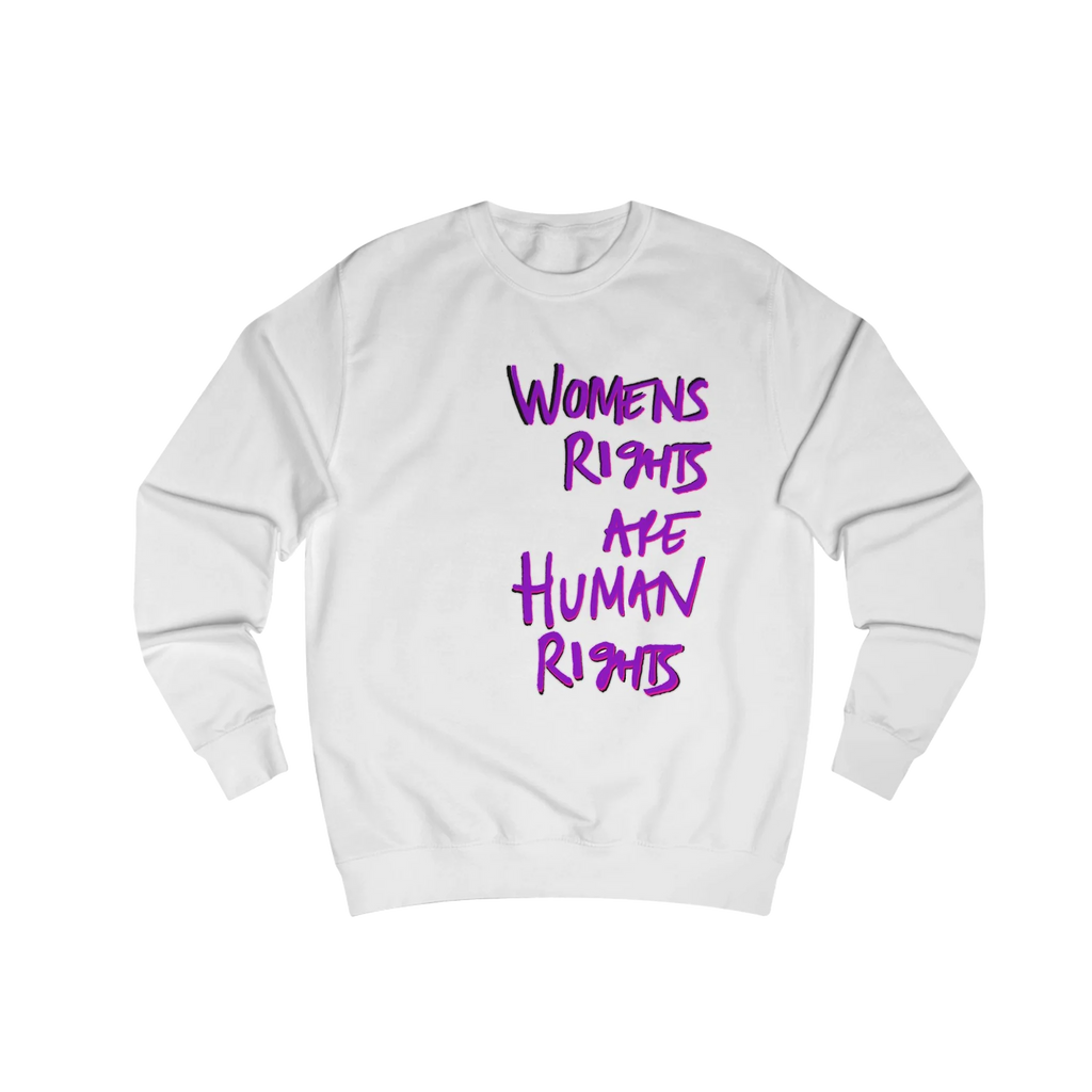 Arctic White Women's Rights sweatshirt, Womens Rights Are Human Rights graphic handwritten in purple text, crew neck, front view.