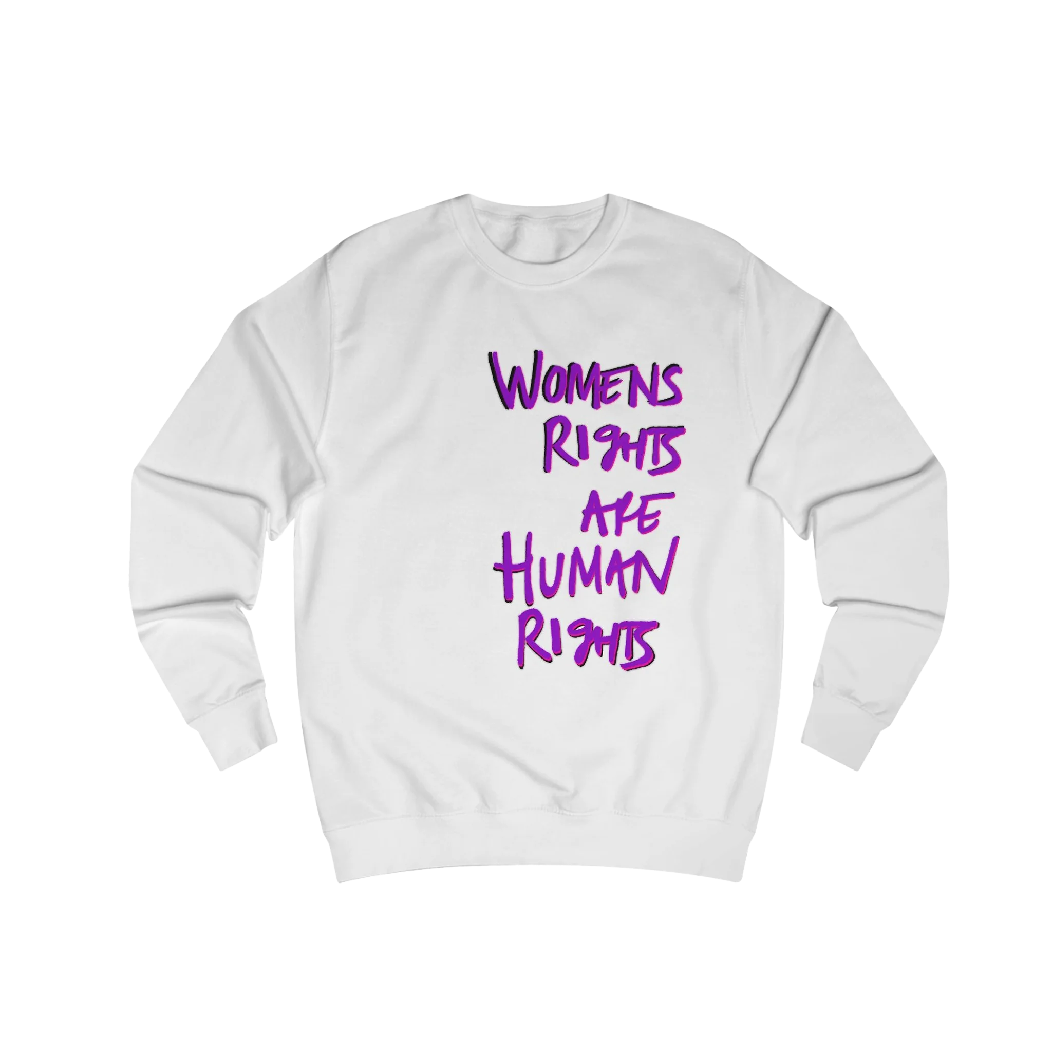 Arctic White Women's Rights sweatshirt, Womens Rights Are Human Rights graphic handwritten in purple text, crew neck, front view.