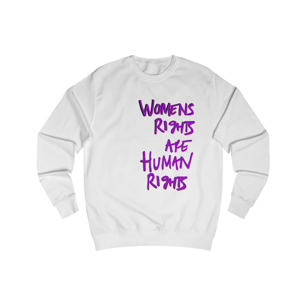 Arctic White Women's Rights sweatshirt, Womens Rights Are Human Rights graphic handwritten in purple text, crew neck, front view.