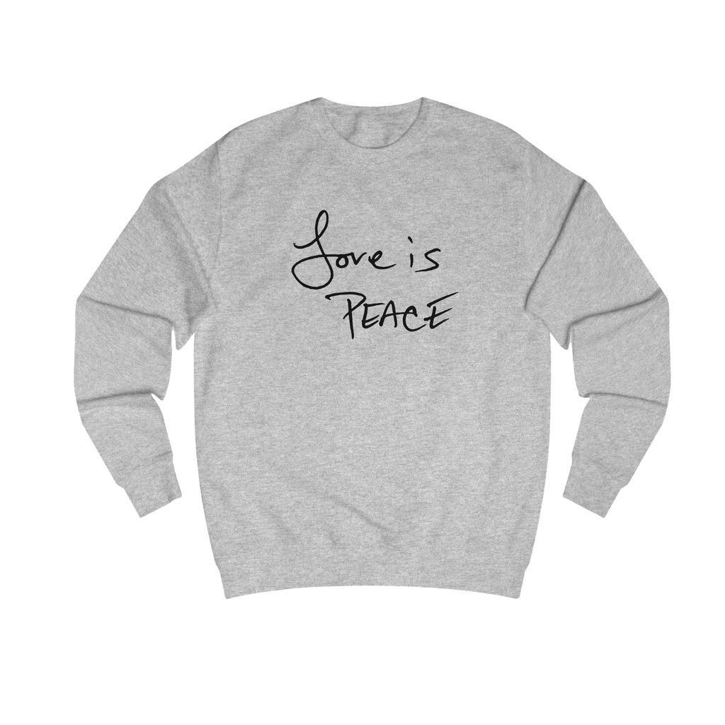 Ash Love is Peace crewneck sweatshirt, handwritten Love is Peace graphic, crew neck, front view.
