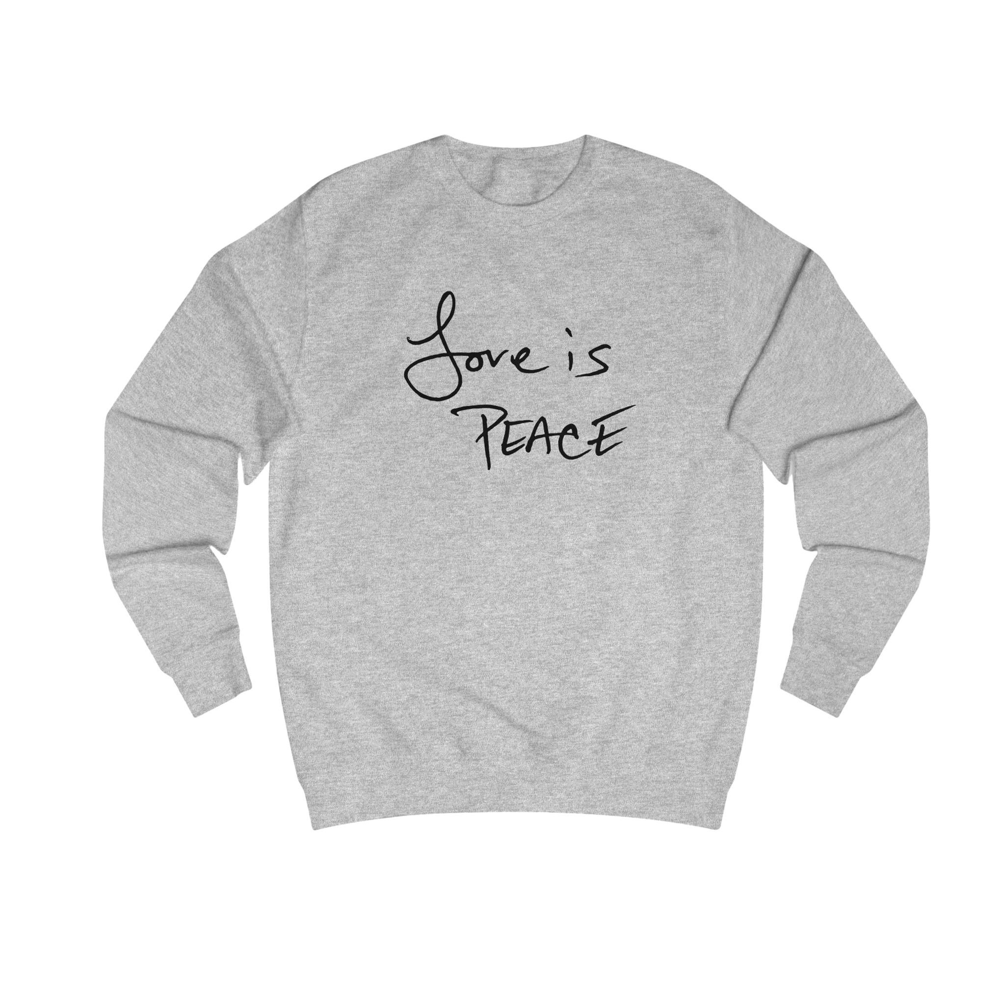 Ash Love is Peace crewneck sweatshirt, black print, front view.