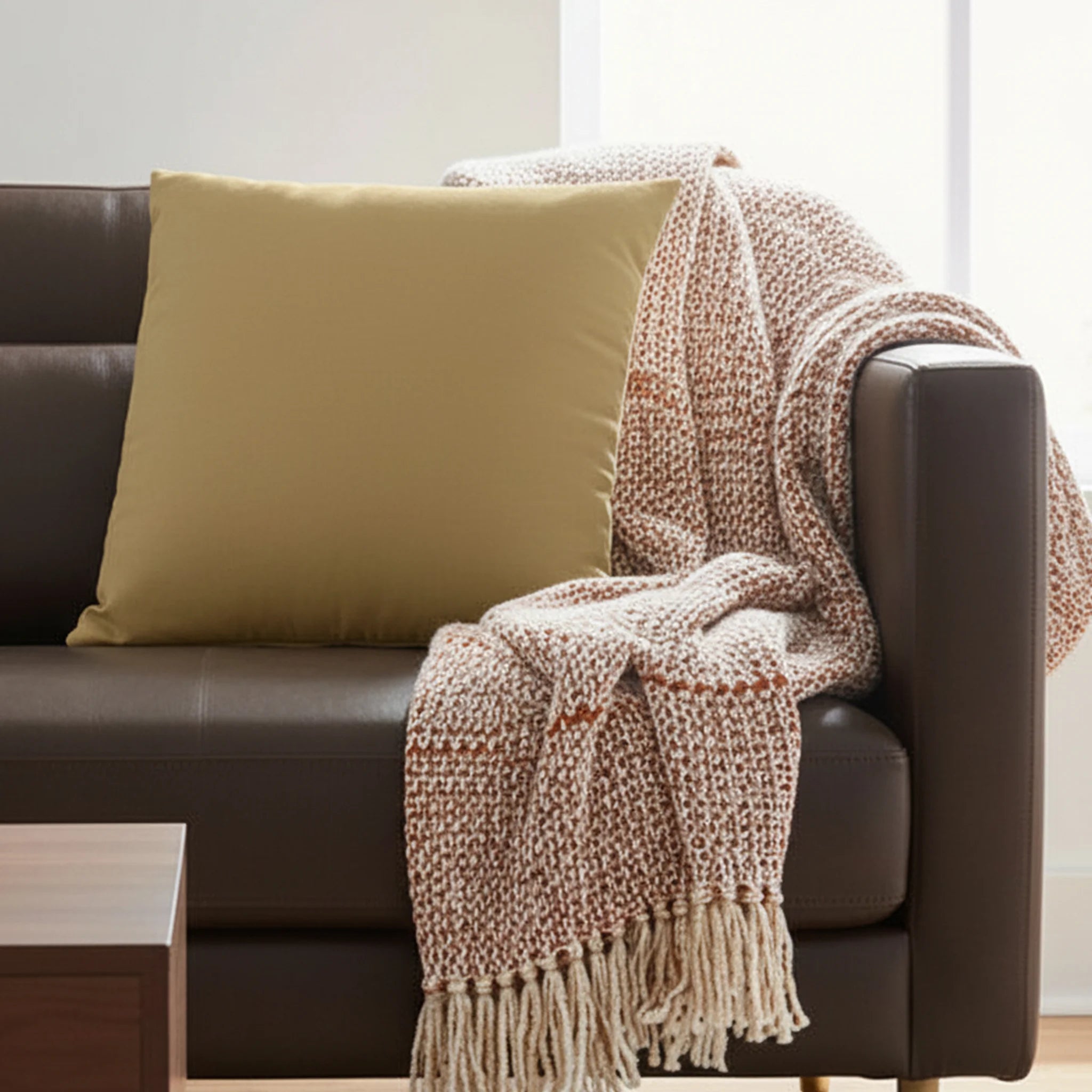 Ash Mustard faux suede pillow case styled on a couch in a modern living room.