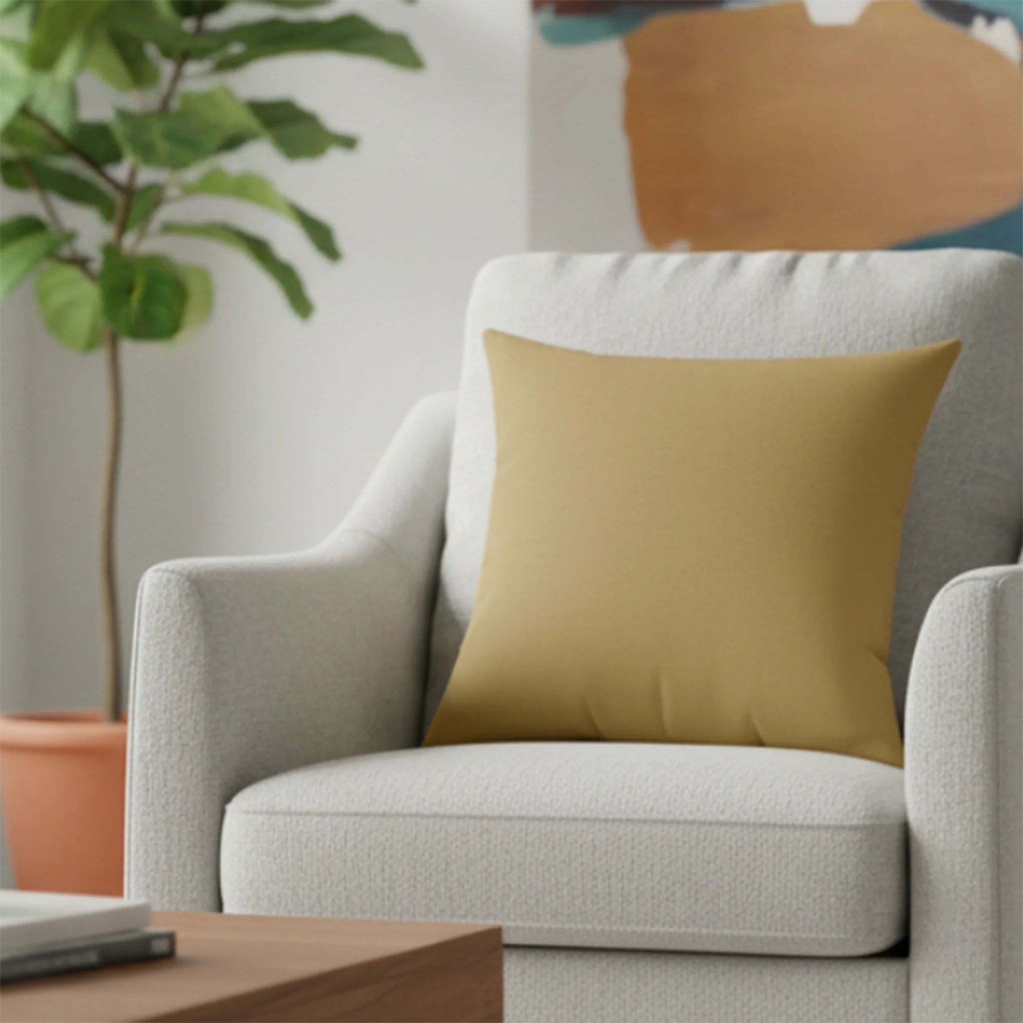 Ash mustard faux suede throw pillow styled in living room, lifestyle view.