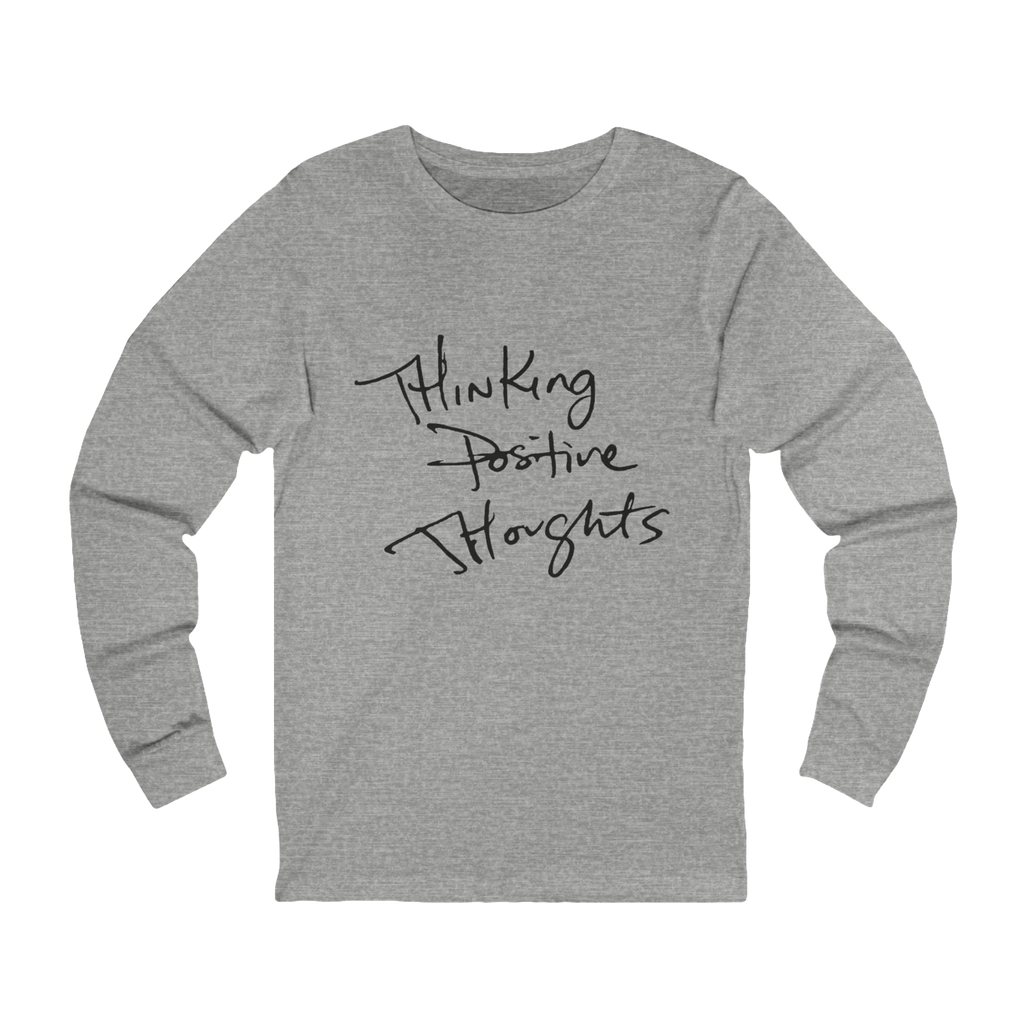 Athletic Heather Bella Thinking Positive Thoughts long sleeve tee, handwritten graphic, crew neck, front view.