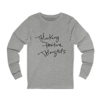Athletic Heather Bella Thinking Positive Thoughts long sleeve tee, handwritten graphic, crew neck, front view.
