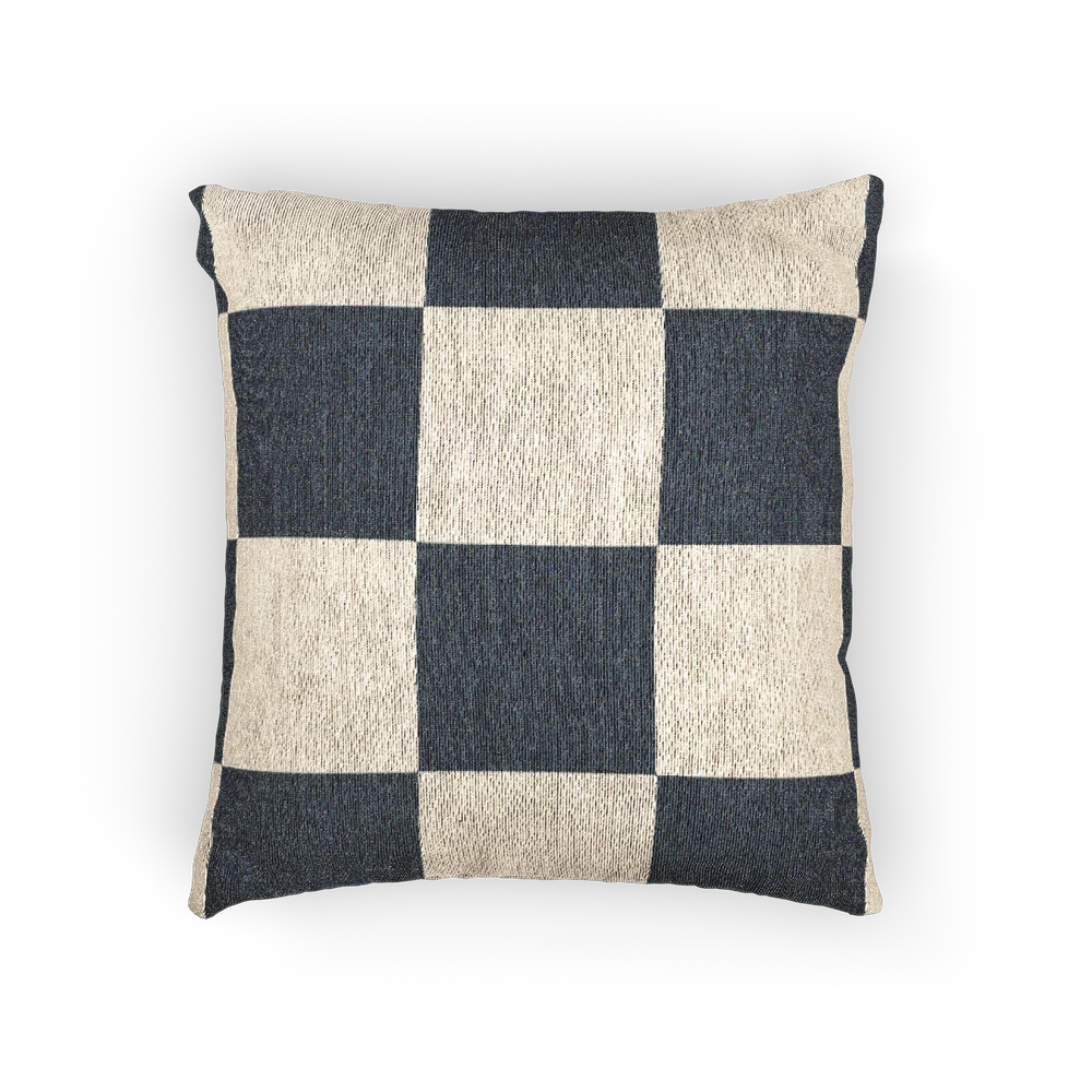 A front preview of the Atomic Grey Woven Checkered Decorative Pillow showing dark grey checker squares on an ivory oatmeal background.  