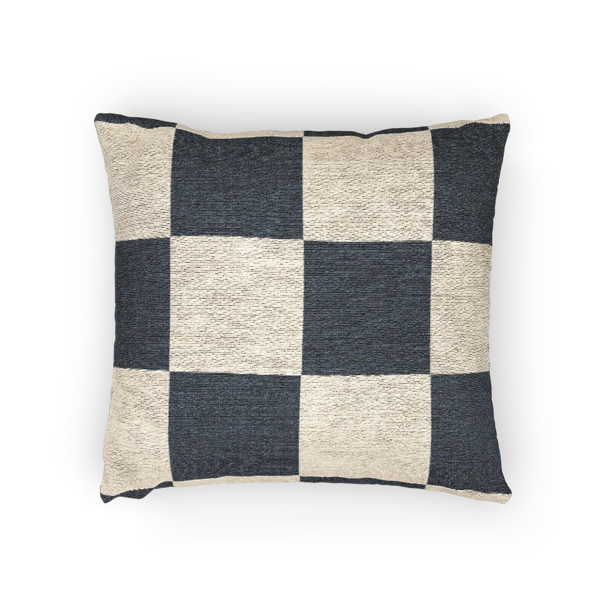 A horizontal preview of the Atomic Grey Woven Checkered Decorative Pillow showing dark grey checker squares on an ivory oatmeal background.  