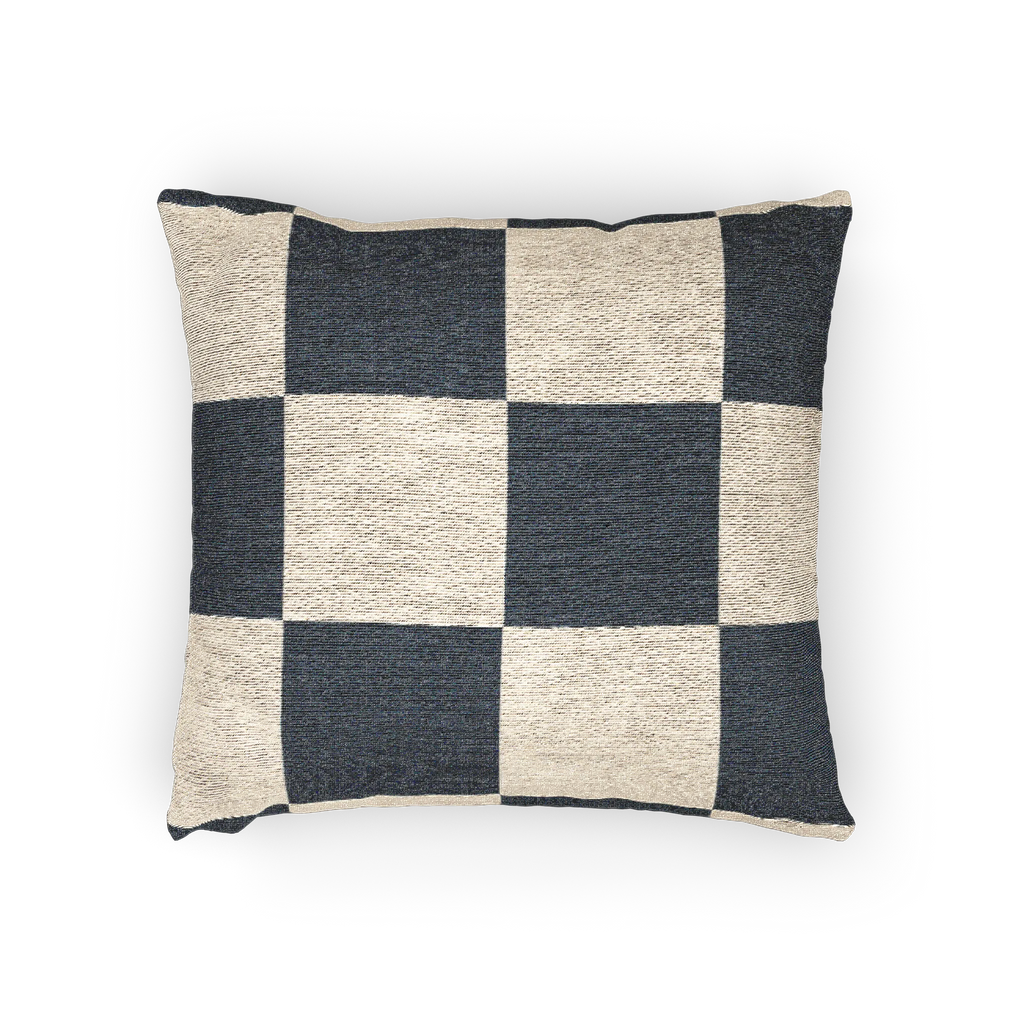 A horizontal view of the Atomic Grey Woven Checkered Decorative Pillow showing dark grey checker squares on an ivory oatmeal background.  