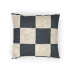 A horizontal view of the Atomic Grey Woven Checkered Decorative Pillow showing dark grey checker squares on an ivory oatmeal background.  