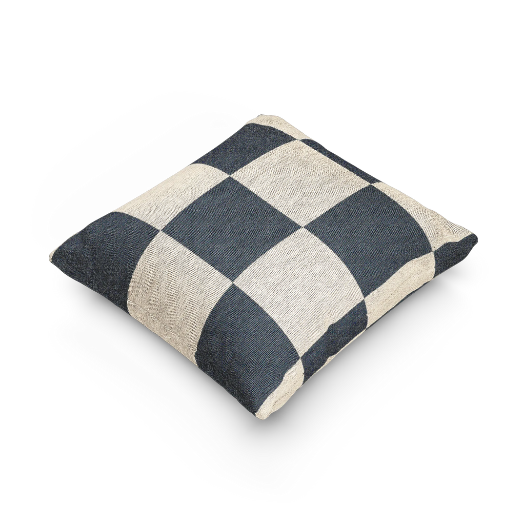A side view of the Atomic Grey Woven Checkered Decorative Pillow showing dark grey checker squares on an ivory oatmeal background.  
