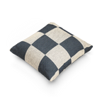 A side view of the Atomic Grey Woven Checkered Decorative Pillow showing dark grey checker squares on an ivory oatmeal background.  