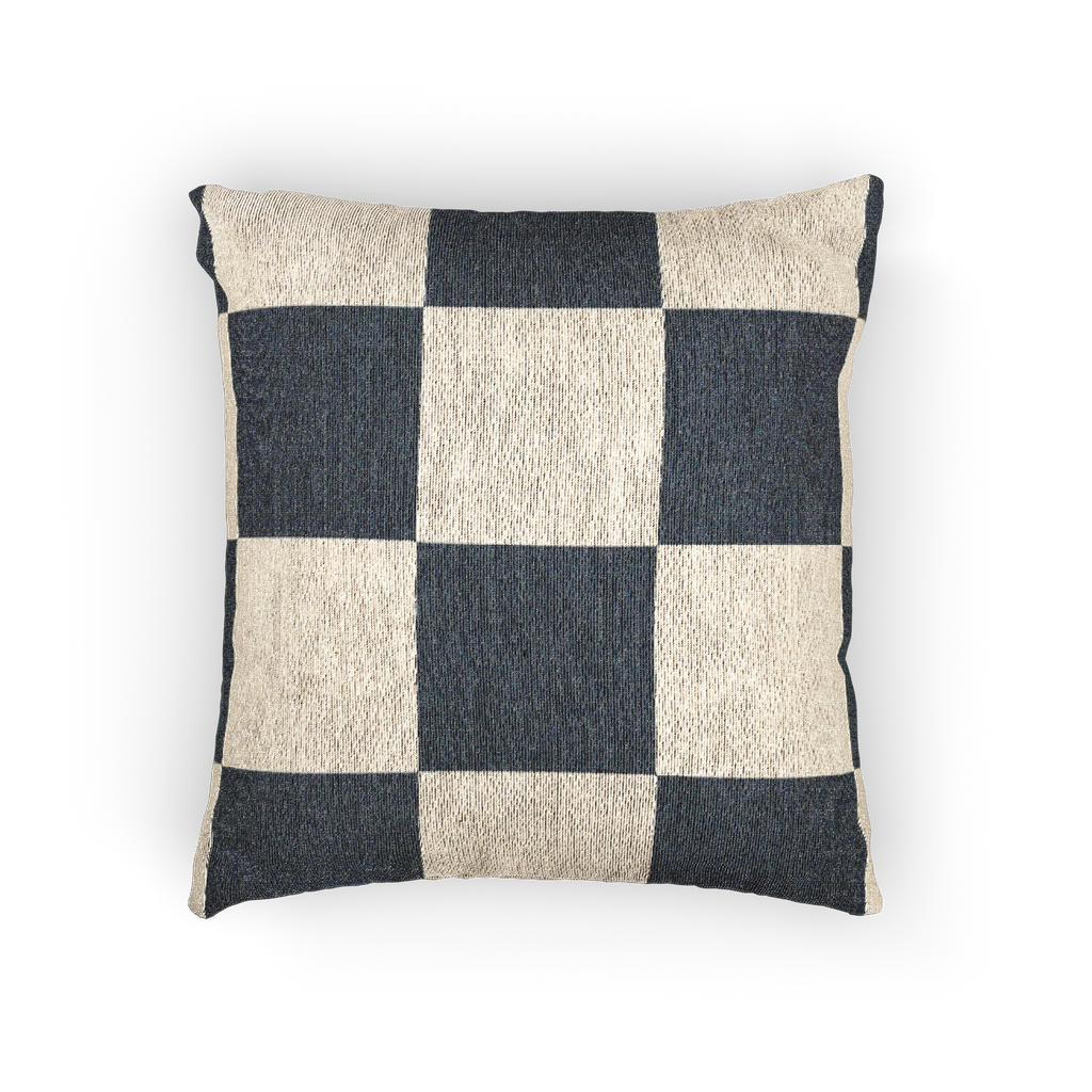 A back view of the Atomic Grey Woven Checkered Decorative Pillow showing dark grey checker squares on an ivory oatmeal background.  
