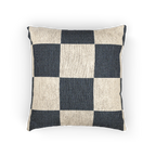 A back view of the Atomic Grey Woven Checkered Decorative Pillow showing dark grey checker squares on an ivory oatmeal background.  