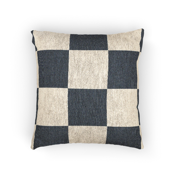 A back view of the Atomic Grey Woven Checkered Decorative Pillow showing dark grey checker squares on an ivory oatmeal background.  