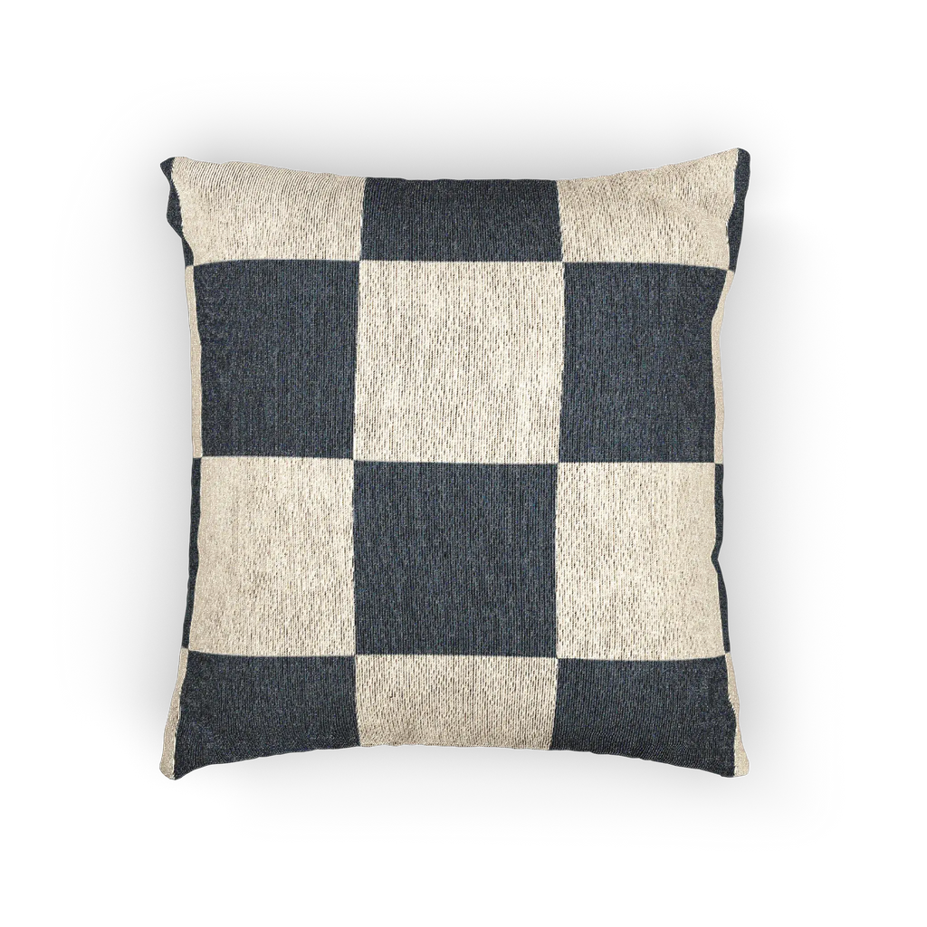 A front view of the Atomic Grey Woven Checkered Decorative Pillow showing dark grey checker squares on an ivory oatmeal background.