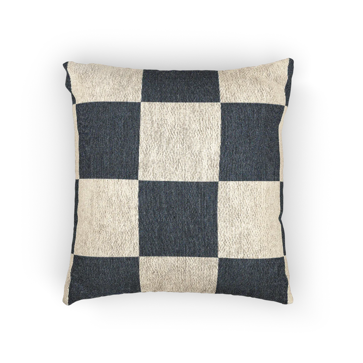 A front view of the Atomic Grey Woven Checkered Decorative Pillow showing dark grey checker squares on an ivory oatmeal background.