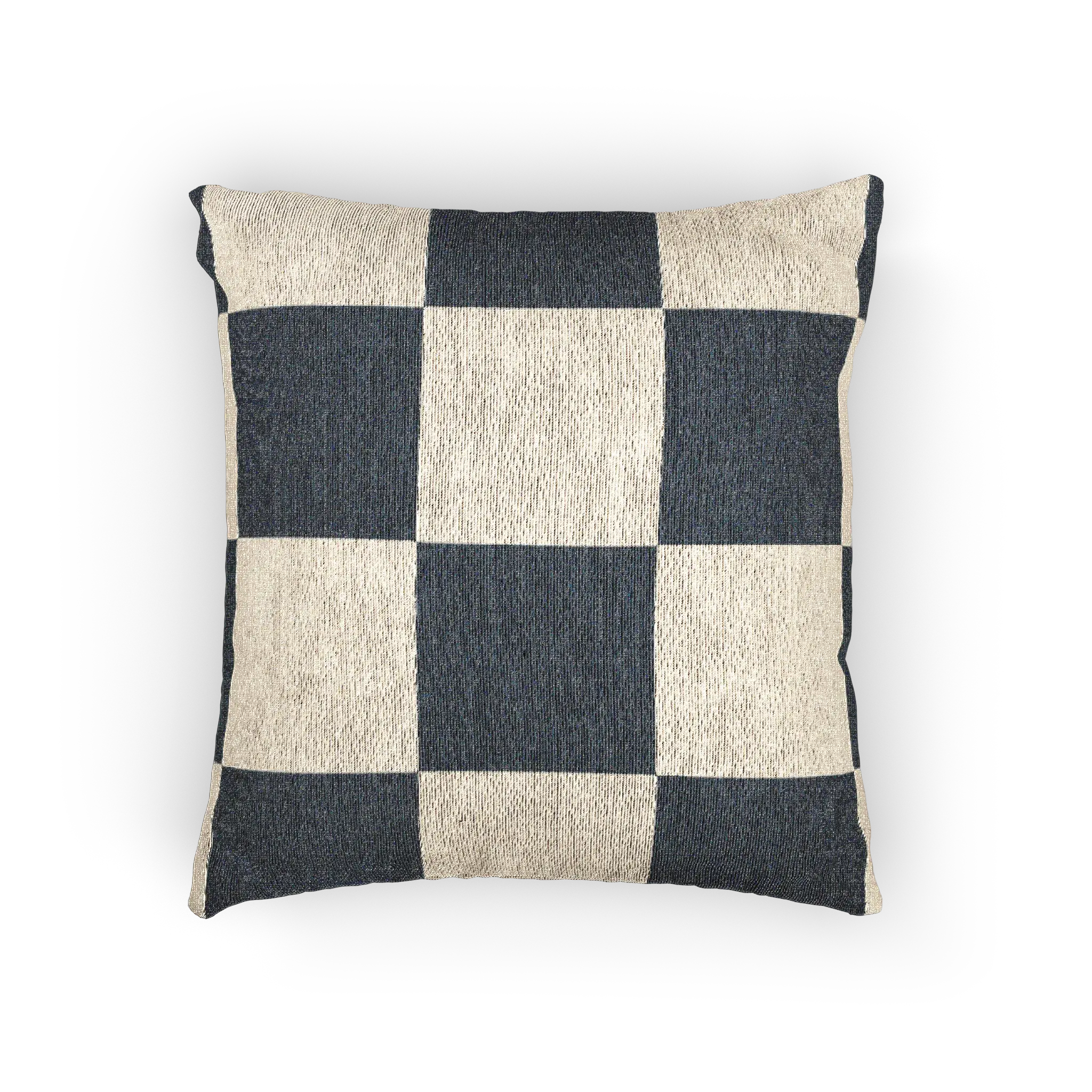 A front view of the Atomic Grey Woven Checkered Decorative Pillow showing dark grey checker squares on an ivory oatmeal background.
