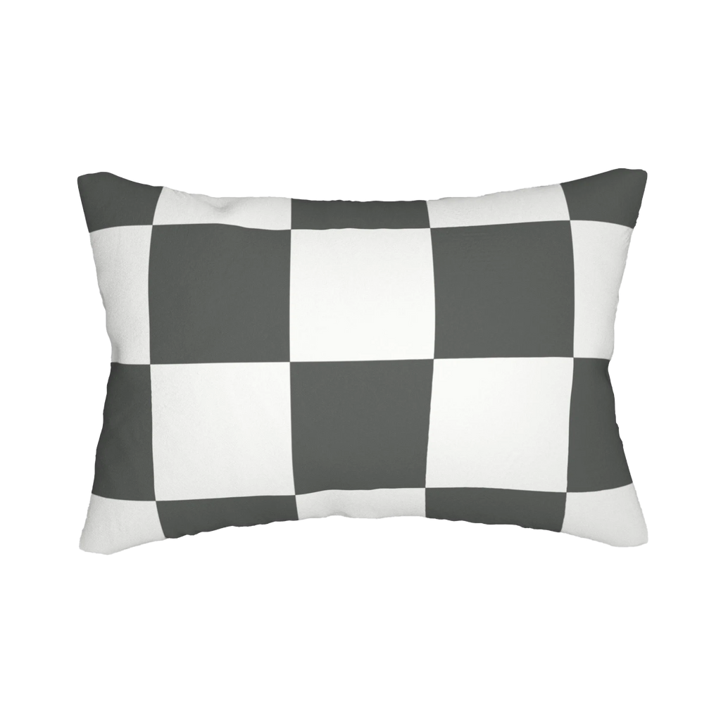 Atomic grey checkered lumbar pillow, back view.