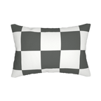 Atomic grey checkered lumbar pillow, back view.