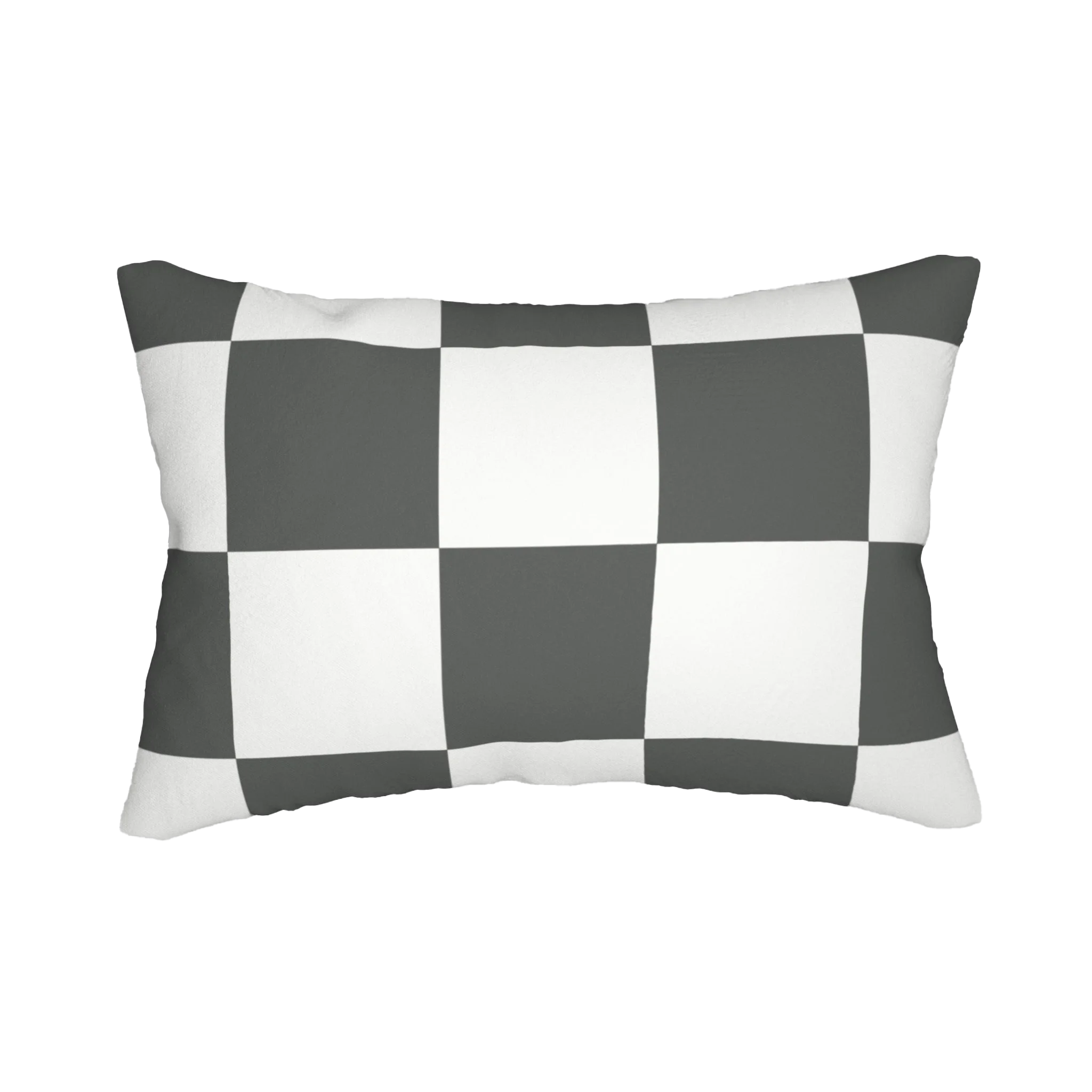 Atomic grey checkered lumbar pillow, front view.