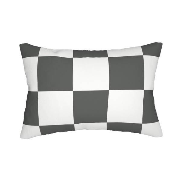 Atomic grey checkered lumbar pillow, front view.