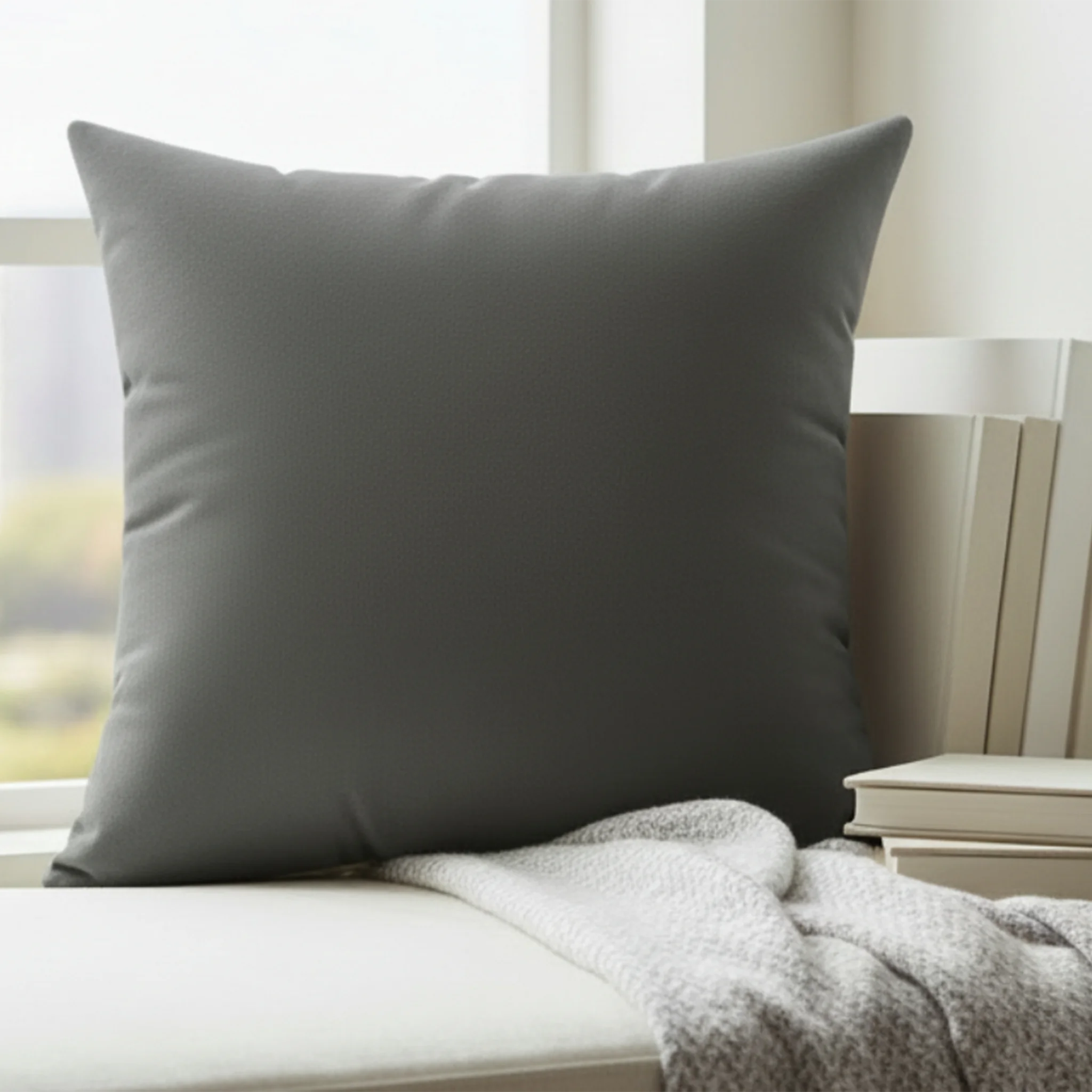 Atomic grey faux suede throw pillow styled in a reading nook, lifestyle view.