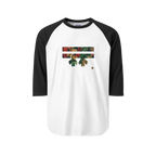A white raglan tee with black sleeves featuring the hashtag Freebrd logo and two horizontal bars filled with an autumn botanical print of red roses, deep green leaves, and peach gold florals, with a small gold accent dot.