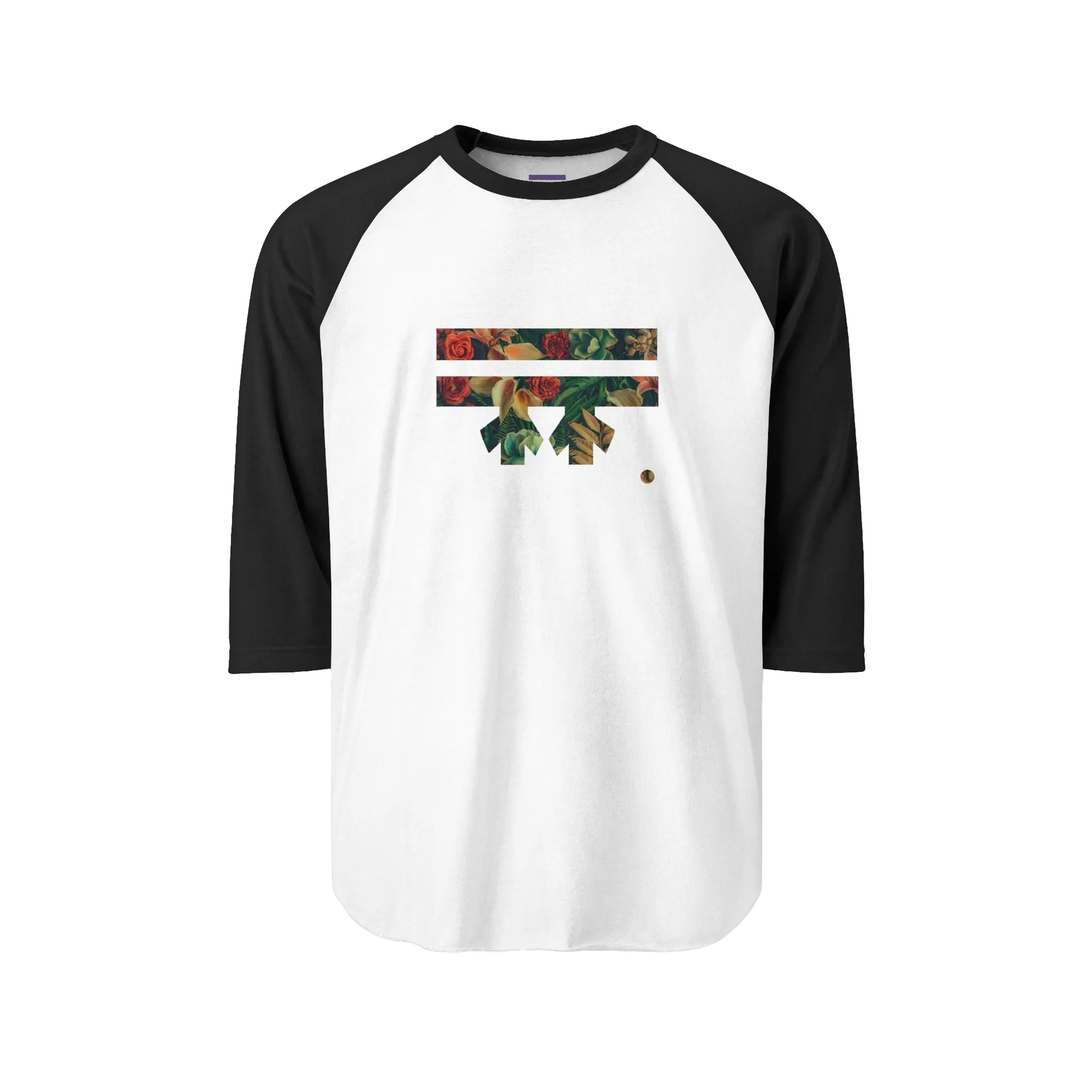 A white raglan tee with black sleeves featuring the #Freebrd logo and two horizontal bars filled with an autumn botanical print of red roses, deep green leaves, and peach gold florals, with a small gold accent dot.