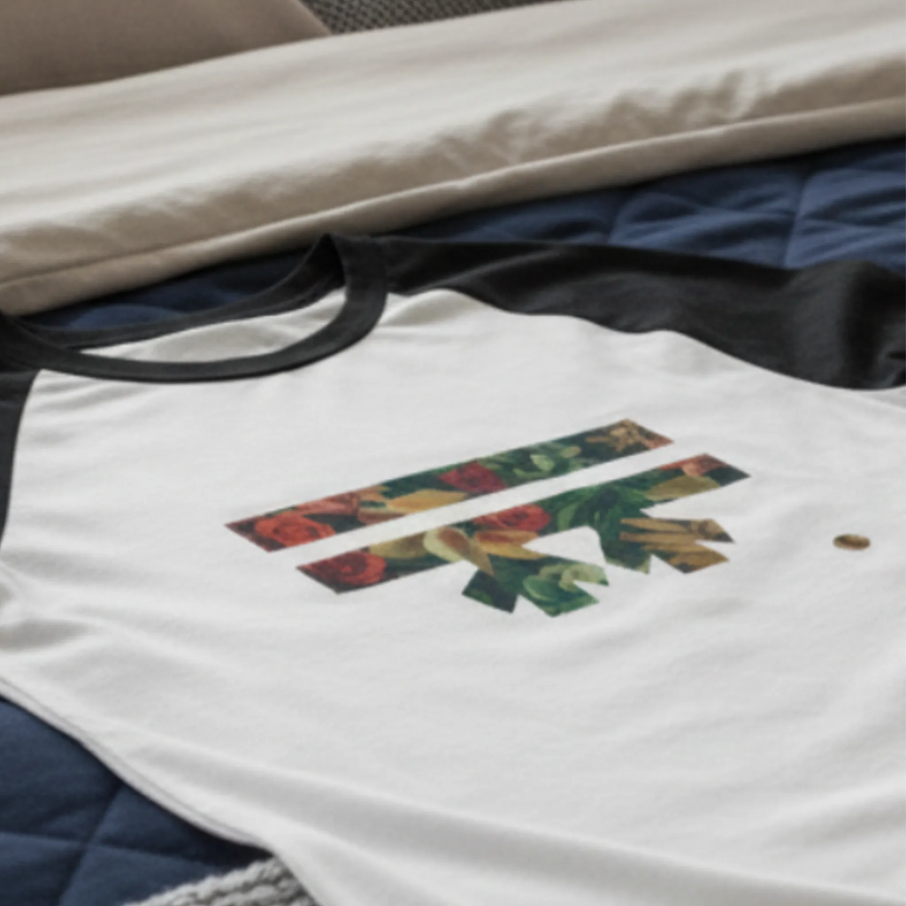 A close-up vignette of the Autumn Floral Freebrd Raglan laid on a bed, highlighting the autumn botanical print detail of red roses, green leaves, and peach gold florals within the FREEBRD logo graphic.