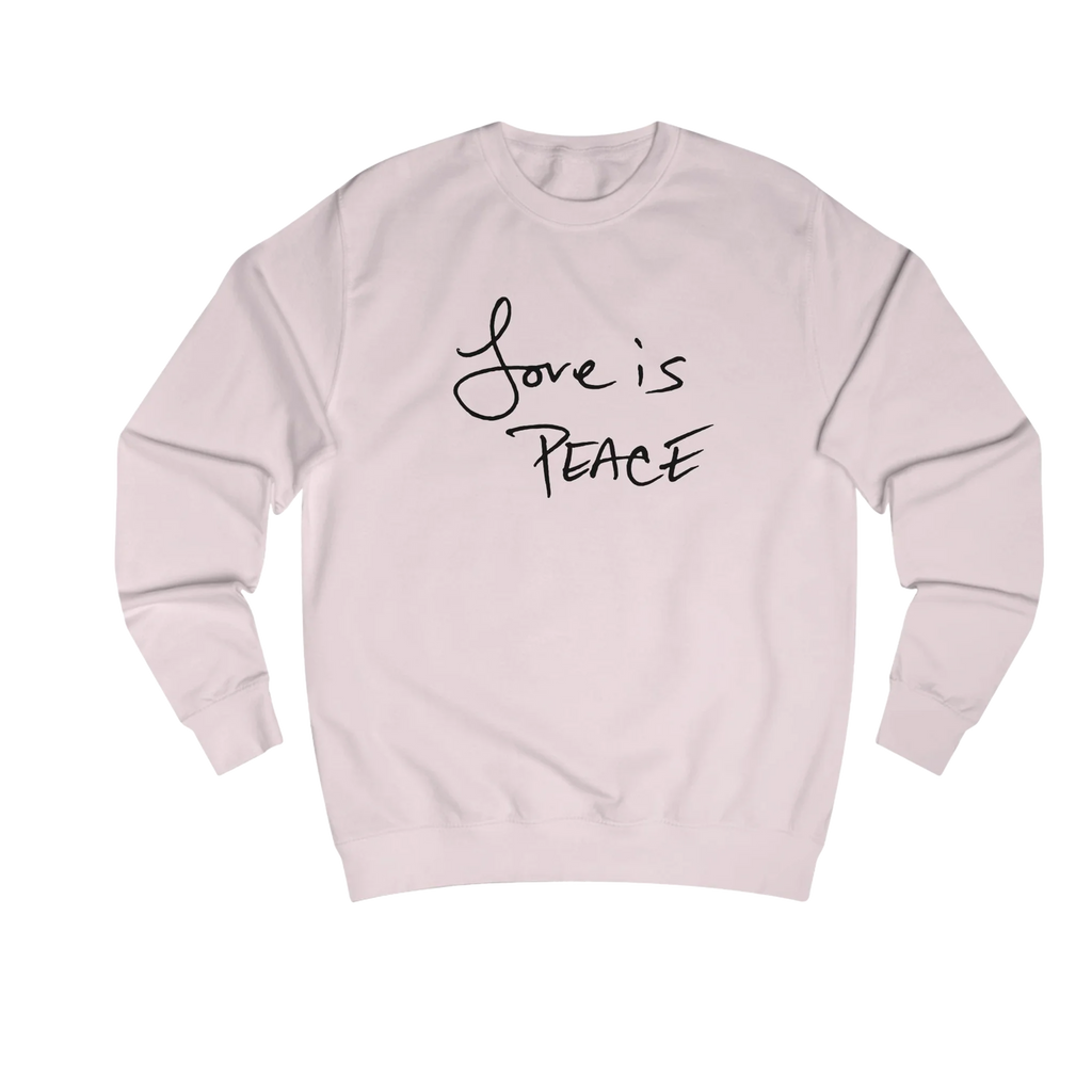 Baby Pink Love is Peace crewneck sweatshirt, handwritten Love is Peace graphic, crew neck, front view.