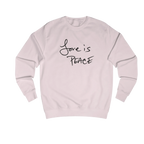 Baby Pink Love is Peace crewneck sweatshirt, handwritten Love is Peace graphic, crew neck, front view.