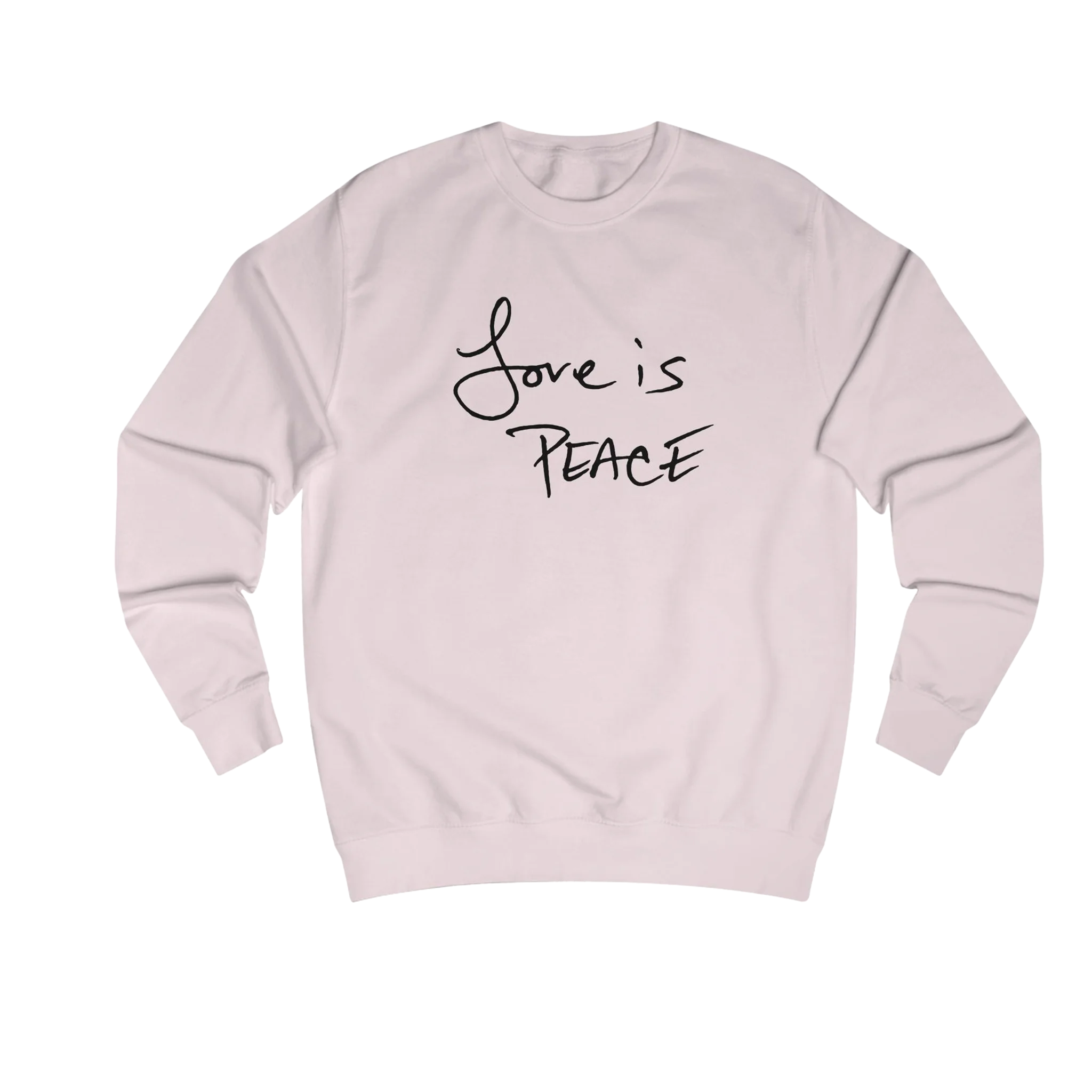 Baby Pink Love is Peace crewneck sweatshirt, black print, front view.