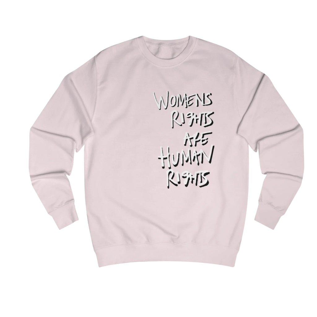 Baby Pink Women's Rights sweatshirt, Womens Rights Are Human Rights graphic handwritten in white text, crew neck, front view.