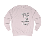 Baby Pink Women's Rights sweatshirt, Womens Rights Are Human Rights graphic handwritten in white text, crew neck, front view.