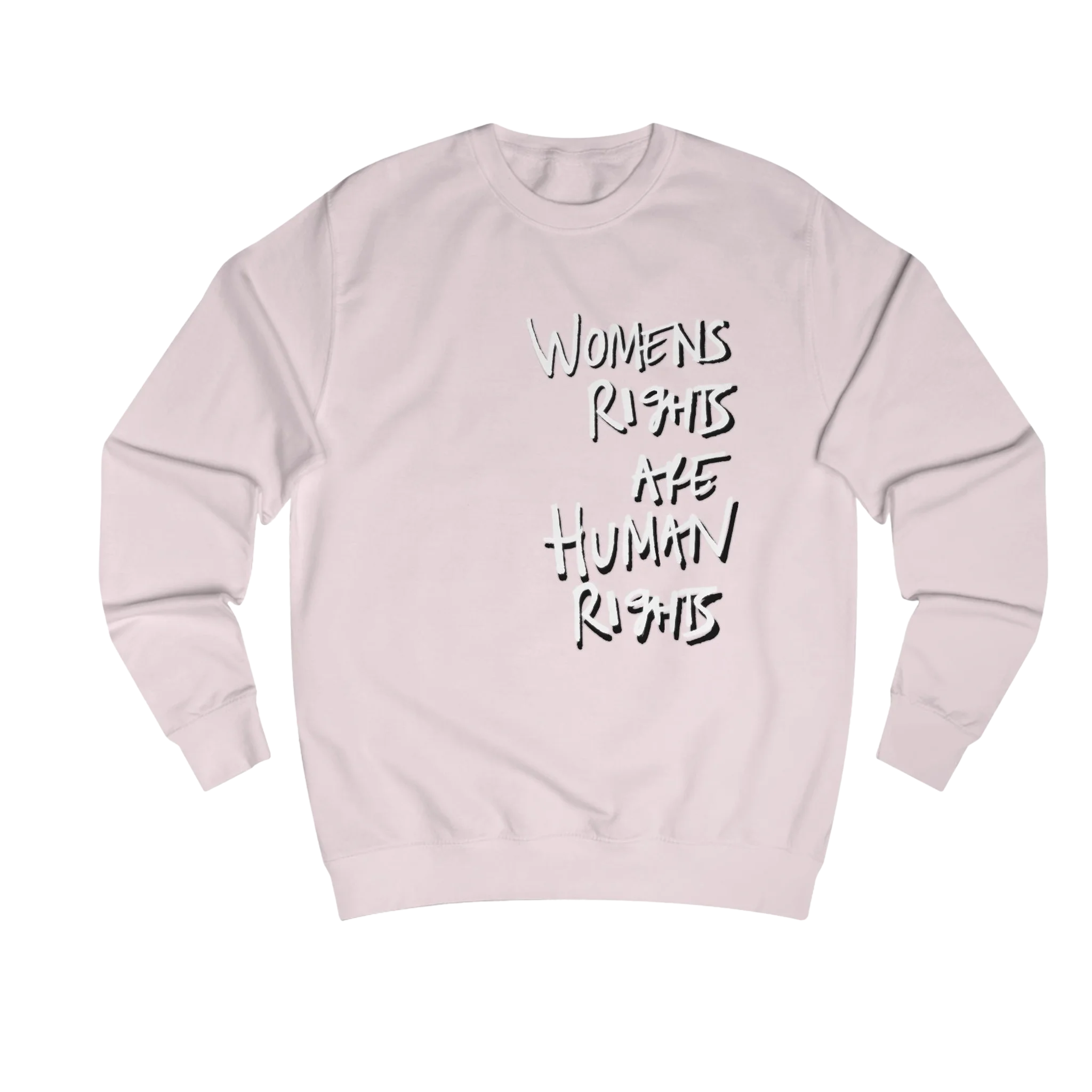 Baby Pink Women's Rights sweatshirt, Womens Rights Are Human Rights graphic handwritten in white text, crew neck, front view.